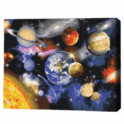 Pictură pe numere 30*40 сm (fără cutie) – Parada planetelor Setul include: 	pânză de bumbac cu o diagramă numerotată a imaginii, pe o ramă de lemn 	 3 perii de diferite grosimi 	 vopsele acrilice numerotate 	 monturi pentru fixare pe perete
