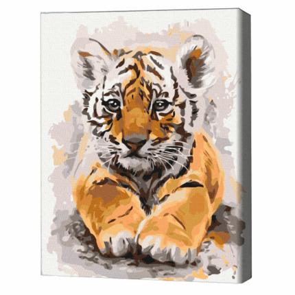 Pictură pe numere 30*40 сm (fără cutie) – Tigrul drăgălaș Setul include: 	pânză de bumbac cu o diagramă numerotată a imaginii, pe o ramă de lemn 	 3 perii de diferite grosimi 	 vopsele acrilice numerotate 	 monturi pentru fixare pe perete