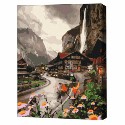 Pictură pe numere 30*40 сm (fără cutie) – Un oraș din Elveția Setul include: 	pânză de bumbac cu o diagramă numerotată a imaginii, pe o ramă de lemn 	 3 perii de diferite grosimi 	 vopsele acrilice numerotate 	 monturi pentru fixare pe perete