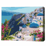 Pictură pe numere 30*40 сm (fără cutie) – Peisaj din Santorini Setul include: 	pânză de bumbac cu o diagramă numerotată a imaginii, pe o ramă de lemn 	 3 perii de diferite grosimi 	 vopsele acrilice numerotate 	 monturi pentru fixare pe perete