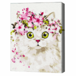 Pictură pe numere 30*40 сm (fără cutie) – Pisicuța surprinsă Setul include: 	pânză de bumbac cu o diagramă numerotată a imaginii, pe o ramă de lemn 	 3 perii de diferite grosimi 	 vopsele acrilice numerotate 	 monturi pentru fixare pe perete
