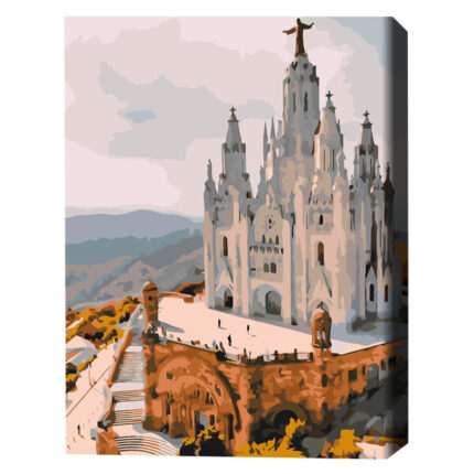 Pictură pe numere 30*40 сm (fără cutie) – Templul Inimii Sacre Setul include: 	pânză de bumbac cu o diagramă numerotată a imaginii, pe o ramă de lemn 	 3 perii de diferite grosimi 	 vopsele acrilice numerotate 	 monturi pentru fixare pe perete
