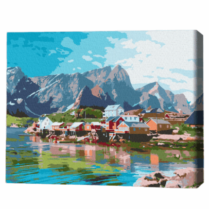 Pictură pe numere 30*40 сm (fără cutie) – Orașul în Munții de Cristal Setul include: 	pânză de bumbac cu o diagramă numerotată a imaginii, pe o ramă de lemn 	 3 perii de diferite grosimi 	 vopsele acrilice numerotate 	 monturi pentru fixare pe perete