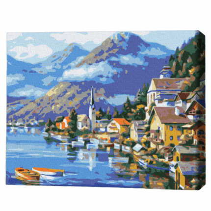 Pictură pe numere 30*40 сm (fără cutie) – Sat la poalele muntelui Setul include: 	pânză de bumbac cu o diagramă numerotată a imaginii, pe o ramă de lemn 	 3 perii de diferite grosimi 	 vopsele acrilice numerotate 	 monturi pentru fixare pe perete