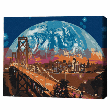 Pictură pe numere 30*40 сm (fără cutie) – Luna deasupra orașului San Francisco Setul include: 	pânză de bumbac cu o diagramă numerotată a imaginii, pe o ramă de lemn 	 3 perii de diferite grosimi 	 vopsele acrilice numerotate 	 monturi pentru fixare pe perete