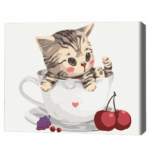 Pictură pe numere 30*40 сm (fără cutie) – Pisicuța în cană Setul include: 	pânză de bumbac cu o diagramă numerotată a imaginii, pe o ramă de lemn 	 3 perii de diferite grosimi 	 vopsele acrilice numerotate 	 monturi pentru fixare pe perete