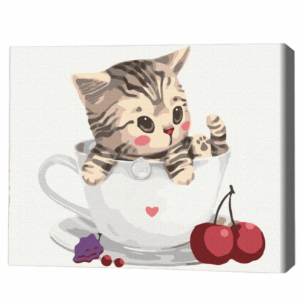 Pictură pe numere 30*40 сm (fără cutie) – Pisicuța în cană Setul include: 	pânză de bumbac cu o diagramă numerotată a imaginii, pe o ramă de lemn 	 3 perii de diferite grosimi 	 vopsele acrilice numerotate 	 monturi pentru fixare pe perete