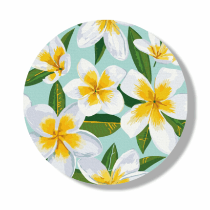 Pictură pe numere D 30 сm (fără cutie) –  Plumeria Setul include: 	pânză de bumbac cu o diagramă numerotată a imaginii, pe o ramă de lemn 	 3 perii de diferite grosimi 	 vopsele acrilice numerotate 	 monturi pentru fixare pe perete