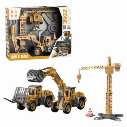 Set de joacă «Tehnică de construcție» 2 în 1 Pornește la drum pe un adevărat șantier cu acest set realist și interactiv! 2 în 1 – setul conține două vehicule de construcții puternice cu mecanism de fricțiune, o macara turn și accesorii. Nu sunt necesare baterii pentru mișcare – împinge ușor și vor merge singure! Echipate cu lumini și sunete (claxon, pornire motor, mers înapoi, funcționare macara) pentru o experiență cât mai realistă.Caracteristici: 	Mecanism cu fricțiune (nu necesită baterii pentru deplasare) 	Efecte luminoase și sonore 	Părți mobile: cupă, platformă, macara 	Dezvoltă imaginația și coordonarea 	Dimensiune ambalaj: 40.5 x 32.5 cm 	Potrivit pentru copii peste 3 ani