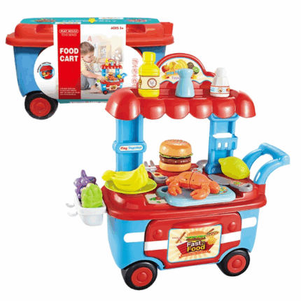 Set de joacă „Bucătărie pe cărucior” Oferiți copilului dumneavoastră o experiență culinară captivantă cu acest set de joacă colorat și funcțional - „Bucătărie pe cărucior” ! Căruciorul cu mâncare le permite copiilor să se simtă ca adevărați vânzători sau bucătari, servind "clienți" și pregătind mâncăruri delicioase într-un mod jucăuș. Setul include diverse accesorii, precum produse alimentare de jucărie și ustensile de bucătărie, oferind un joc realist și captivant.Caracteristici: 	Design realist: culori vii și detalii care imită un cărucior real cu mâncare. 	Varietate de accesorii: include produse alimentare de jucărie și ustensile de bucătărie. 	Dezvoltarea abilităților: stimulează imaginația, abilitățile sociale și motricitatea fină. 	Materiale sigure: fabricat din plastic durabil și sigur. 	Vârstă recomandată: de la 3 ani.