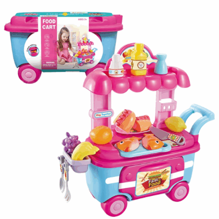Set de joacă „Bucătăria veselă pe roți” Oferiți copilului dumneavoastră o experiență culinară captivantă cu acest set de joacă colorat și funcțional - „Bucătăria veselă pe roți”! Căruciorul cu mâncare le permite copiilor să se simtă ca adevărați vânzători sau bucătari, servind "clienți" și pregătind mâncăruri delicioase într-un mod jucăuș. Setul include diverse accesorii, precum produse alimentare de jucărie și ustensile de bucătărie, oferind un joc realist și captivant.Caracteristici: 	Design realist: culori vii și detalii care imită un cărucior real cu mâncare. 	Varietate de accesorii: include produse alimentare de jucărie și ustensile de bucătărie. 	Dezvoltarea abilităților: stimulează imaginația, abilitățile sociale și motricitatea fină. 	Materiale sigure: fabricat din plastic durabil și sigur. 	Vârstă recomandată: de la 3 ani.