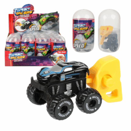 Мини-внедорожник «Turbo Racers», (асс.) Открой мир веселья с мини-внедорожником Turbo Racers! Машинка с заводным устройством спрятана в прозрачном пластиковом яйце — это не только игрушка, но и приятный сюрприз. Заведи её и наблюдай, как она мчится вперёд, преодолевая любые препятствия!Собери всю коллекцию и устрой настоящие гонки с друзьями. Подходит для детей от 3 лет.Особенности: 	Компактный размер: машинка 5×7×5 см 	Прочный пластиковый корпус 	Яркий дизайн и заводной механизм 	Отлично подходит для коллекционирования и подарков 	Возраст: 3+