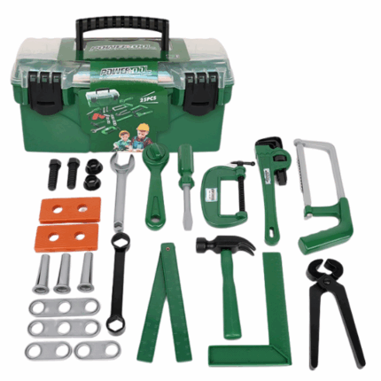 Set de joc „Unelte” în cutie Set educativ de unelte pentru micii meșteri! Include 25 de unelte colorate și sigure, organizate într-o cutie practică din plastic verde cu capac. Setul ajută la dezvoltarea motricității, imaginației și abilităților de joc de rol.Caracteristici: 	25 piese incluse 	Cutie practică din plastic cu capac 	Culoare verde vibrantă 	Dimensiuni cutie: 32 × 16,5 × 15 cm 	Vârstă recomandată: 3+ ani