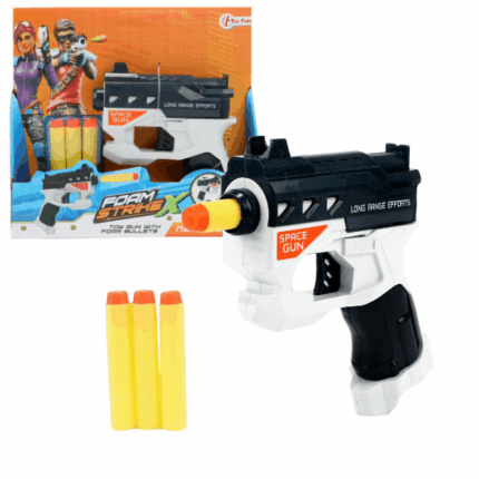 Pistol Foam STRIKEX White S Distracție sigură chiar și pentru cei mai mici! Acest pistol din plastic, ușor de folosit, este ideal pentru copiii de la 3 ani în sus. Proiectilele din spumă pot zbura la distanțe mari fără pericol. Jocul este amuzant și complet sigur!Caracteristici: 	Setul conține: 1 pistol + 3 proiectile din spumă 	Săgeți din spumă — sigure pentru copii 	Operare ușoară, ideal pentru mâini mici 	Perfect pentru jocuri dinamice în interior sau afară 	Potrivit pentru copii de la 3 ani 	Material: plastic