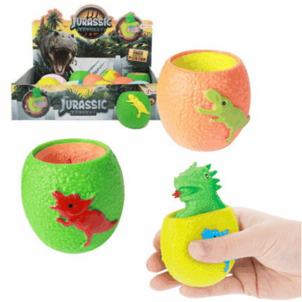 Jucărie antistres «Ou cu dinozaur» — World of Dinosaurs (as.) Un ou moale din silicon sintetic, perfect pentru a fi strâns și modelat în mâini. Dar partea cea mai distractivă? Când îl strângi, apare un dinozaur surpriză! O jucărie senzorială ideală pentru relaxare și distracție. Disponibil în trei culori vibrante: portocaliu, galben și verde.Caracteristici: 	Realizat din silicon moale, dar rezistent, cu pereți groși 	Fiecare ou este ambalat individual într-un săculeț de calitate 	Culori vii și atractive 	Dimensiunea dinozaurului depinde de cât de tare strângi oul 	Culori disponibile: portocaliu, galben și verde 	Jucărie antistres și senzorială excelentă pentru copii
