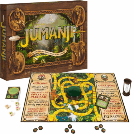 Joc de societate «Jumanji», (rom.) Adu aventura la viață cu jocul legendar Jumanji — o călătorie plină de pericole și suspans prin jungla sălbatică!Aventurieri, fiți atenți! Nu începeți jocul dacă nu intenționați să îl terminați. Consecințele dispar doar când un jucător ajunge în centrul tablei și strigă „Jumanji”!Folosiți cupola roșie pentru a descifra ghicitori și a înfrunta obstacole: de la lei și rinoceri până la crocodili. Primul care ajunge în centru câștigă pentru toți, dar dacă cineva își pierde toate viețile — toată echipa pierde!Conține: 	1 tablă de joc 	1 cupolă de decodare 	100 de cartonașe cu provocări 	4 pioni rinocer 	12 jetoane cu vieți 	2 zaruri clasice 	4 zaruri cu provocări 	1 clepsidră de 45 de secunde 	Instrucțiuni în limba românăAvertisment! Nerecomandat copiilor sub 3 ani. Conține piese mici care pot fi înghițite.