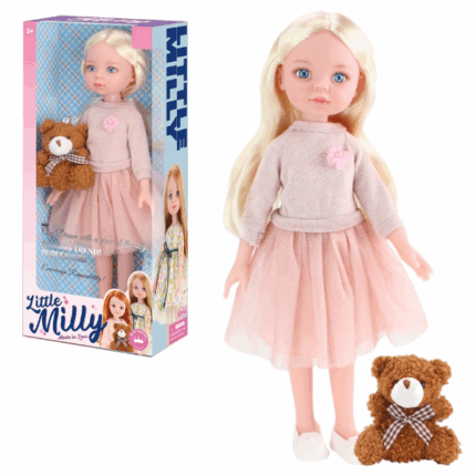 Păpușa «Mica Milly», cu ursuleț, 35 cm Păpușa adorabilă „Micuța Milly”, îmbrăcată într-o ținută la modă și însoțită de un ursuleț de pluș drăgălaș, va deveni cea mai bună prietenă a micuței tale! Păpușa este realizată cu mare atenție la detalii: are brațe și picioare mobile, păr moale și ochi blânzi care inspiră încredere și afecțiune. Potrivită pentru copii de la 3 ani în sus.Jocul cu păpușa ajută la dezvoltarea: 	Inteligenței emoționale 	Simțului responsabilității 	Abilităților de îngrijire și imaginațieÎnălțimea păpușii – 35 cm.