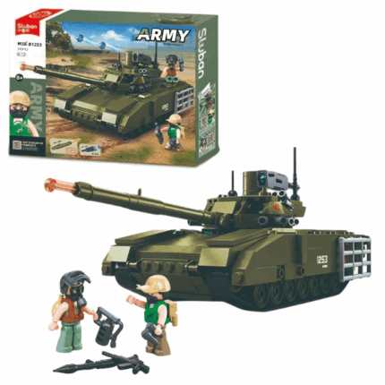 Set de construcție «Tanc T-14S Armata», 319 elem. Pregătește-te de acțiune! Setul de construcție SLUBAN "Tanc T-14S Armata" este alegerea perfectă pentru pasionații de vehicule militare în miniatură. Cu un design robust și realist, acest set include 319 piese de calitate și 2 figurine soldați gata de luptă.Construcția acestui tanc oferă o experiență captivantă și educativă, dezvoltând concentrarea, logica și dexteritatea copilului. Piesele sunt fabricate din plastic sigur și durabil, conform standardelor de siguranță.Specificații: 	Număr de piese: 319 	Figurine incluse: 2 soldați 	Dimensiune model final: 24,8 cm 	Vârsta recomandată: 6+ ani 	Certificare: Conform cu standardul SNI