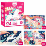 Серия пазлов “Единорог” 3 в 1, уровень 4 Развивающий пазл Mideer "Level Up! Puzzles" (Уровень 4) – это художественный набор из трех пазлов с разным количеством деталей: 54, 70 и 88. Этот уровень подойдет детям, которые любят красочные и фантастические сцены, развивая внимательность, логику и моторику.В набор входят три волшебные сцены: 	Таинственный леопард – дикая кошка среди яркой природы. 	Сказочная ведьмочка – персонаж в окружении волшебных существ и фантастического мира. 	Ночной единорог – величественный единорог, скачущий по звездному небу.Пазл отмечен наградами, что подтверждает его высокое качество и увлекательность.Размер собранного пазла: 14.76" × 9.76" (около 37.5 × 25 см).