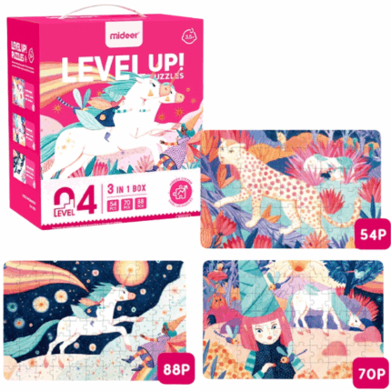 Серия пазлов “Единорог” 3 в 1, уровень 4 Развивающий пазл Mideer "Level Up! Puzzles" (Уровень 4) – это художественный набор из трех пазлов с разным количеством деталей: 54, 70 и 88. Этот уровень подойдет детям, которые любят красочные и фантастические сцены, развивая внимательность, логику и моторику.В набор входят три волшебные сцены: 	Таинственный леопард – дикая кошка среди яркой природы. 	Сказочная ведьмочка – персонаж в окружении волшебных существ и фантастического мира. 	Ночной единорог – величественный единорог, скачущий по звездному небу.Пазл отмечен наградами, что подтверждает его высокое качество и увлекательность.Размер собранного пазла: 14.76" × 9.76" (около 37.5 × 25 см).