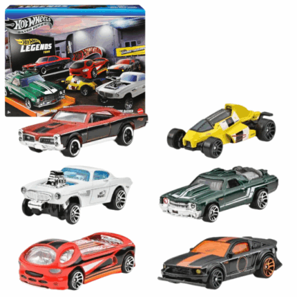 Set de mașinuțe colecționabile Hot Wheels «Turul Legendelor» 1:64 Explorează universul legendelor auto cu setul exclusiv "Turul Legendelor" de la Hot Wheels! Include șase modele metalice la scară 1:64, produse în Thailanda și inspirate de tematica concursurilor Legends Tour.Mașini din set: 	1967 Pontiac GTO (roșu-negru) 	Deora II (roșie) 	2JetZ (galbenă) 	2005 Ford Mustang (negru) 	Custom 1971 El Camino (verde închis) 	Volvo P1800 Gasser (albă)Motive să-l alegi: 	Seria de colecție prezentă la Legends Tour 2025 	Caroserii metalice, finisaje de calitate Silver Series 	Modele emblematice auto, cu design premium 	Potrivit pentru colecționari și copii peste 3 ani 	Ambalaj elegant și practic — multipack cu 6 mașini în pachetUn set perfect pentru pasionați de mașini și colecționari, oferind un mix de modele legendare într-un format atractiv.