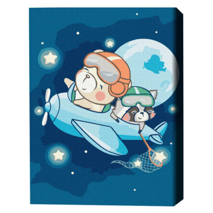 Pictură pe numere 30*40 сm (fără cutie) – Zbor printre stele Setul include: 	pânză de bumbac cu o diagramă numerotată a imaginii, pe o ramă de lemn 	 3 perii de diferite grosimi 	 vopsele acrilice numerotate 	 monturi pentru fixare pe perete