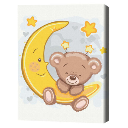 Pictură pe numere 30*40 сm (fără cutie) – Ursulețul pe lună Setul include: 	pânză de bumbac cu o diagramă numerotată a imaginii, pe o ramă de lemn 	 3 perii de diferite grosimi 	 vopsele acrilice numerotate 	 monturi pentru fixare pe perete