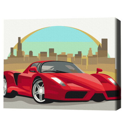 Pictură pe numere 30*40 сm (fără cutie) – Mașină roșie Setul include: 	pânză de bumbac cu o diagramă numerotată a imaginii, pe o ramă de lemn 	 3 perii de diferite grosimi 	 vopsele acrilice numerotate 	 monturi pentru fixare pe perete