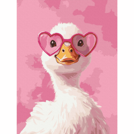 Pictură pe numere 30*40 сm (fără cutie) – O rață cu ochelari roz Setul include: 	pânză de bumbac cu o diagramă numerotată a imaginii, pe o ramă de lemn 	 3 perii de diferite grosimi 	 vopsele acrilice numerotate 	 monturi pentru fixare pe perete