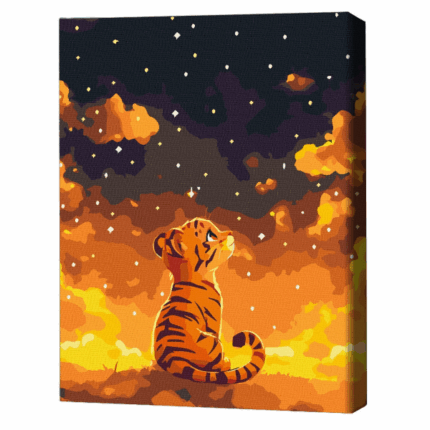 Pictură pe numere 30*40 сm (fără cutie) – O poveste nocturnă a unui pui de tigru Setul include: 	pânză de bumbac cu o diagramă numerotată a imaginii, pe o ramă de lemn 	 3 perii de diferite grosimi 	 vopsele acrilice numerotate 	 monturi pentru fixare pe perete