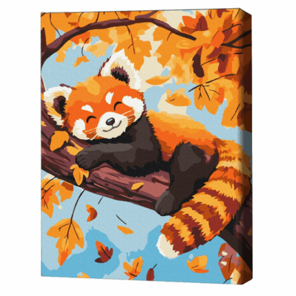 Pictură pe numere 30*40 сm (fără cutie) – Panda roșu Setul include: 	pânză de bumbac cu o diagramă numerotată a imaginii, pe o ramă de lemn 	 3 perii de diferite grosimi 	 vopsele acrilice numerotate 	 monturi pentru fixare pe perete