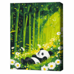 Pictură pe numere 30*40 сm (fără cutie) – Somnul dulce al unui panda în pădurea înflorită Setul include: 	pânză de bumbac cu o diagramă numerotată a imaginii, pe o ramă de lemn 	 3 perii de diferite grosimi 	 vopsele acrilice numerotate 	 monturi pentru fixare pe perete