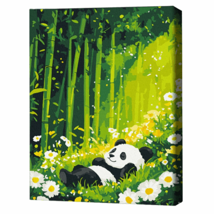 Pictură pe numere 30*40 сm (fără cutie) – Somnul dulce al unui panda în pădurea înflorită Setul include: 	pânză de bumbac cu o diagramă numerotată a imaginii, pe o ramă de lemn 	 3 perii de diferite grosimi 	 vopsele acrilice numerotate 	 monturi pentru fixare pe perete