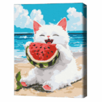 Pictură pe numere 30*40 сm (fără cutie) – Un pepene delicios Setul include: 	pânză de bumbac cu o diagramă numerotată a imaginii, pe o ramă de lemn 	 3 perii de diferite grosimi 	 vopsele acrilice numerotate 	 monturi pentru fixare pe perete