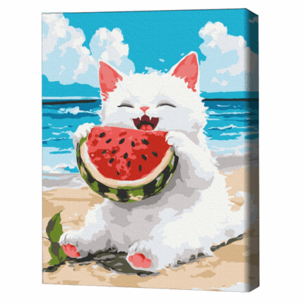 Pictură pe numere 30*40 сm (fără cutie) – Un pepene delicios Setul include: 	pânză de bumbac cu o diagramă numerotată a imaginii, pe o ramă de lemn 	 3 perii de diferite grosimi 	 vopsele acrilice numerotate 	 monturi pentru fixare pe perete