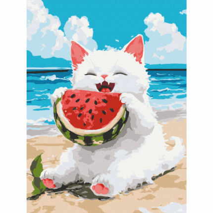 Pictură pe numere 30*40 сm (fără cutie) – Un pepene delicios Setul include: 	pânză de bumbac cu o diagramă numerotată a imaginii, pe o ramă de lemn 	 3 perii de diferite grosimi 	 vopsele acrilice numerotate 	 monturi pentru fixare pe perete