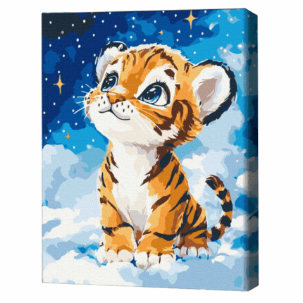 Pictură pe numere 30*40 сm (fără cutie) – Un pui de tigru visător Setul include: 	pânză de bumbac cu o diagramă numerotată a imaginii, pe o ramă de lemn 	 3 perii de diferite grosimi 	 vopsele acrilice numerotate 	 monturi pentru fixare pe perete