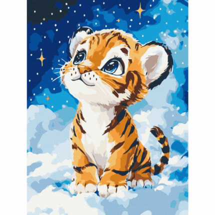 Pictură pe numere 30*40 сm (fără cutie) – Un pui de tigru visător Setul include: 	pânză de bumbac cu o diagramă numerotată a imaginii, pe o ramă de lemn 	 3 perii de diferite grosimi 	 vopsele acrilice numerotate 	 monturi pentru fixare pe perete