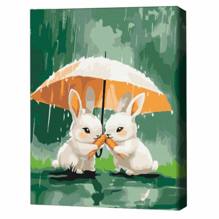 Pictură pe numere 30*40 сm (fără cutie) – Doi iepurași sub o umbrelă Setul include: 	pânză de bumbac cu o diagramă numerotată a imaginii, pe o ramă de lemn 	 3 perii de diferite grosimi 	 vopsele acrilice numerotate 	 monturi pentru fixare pe perete