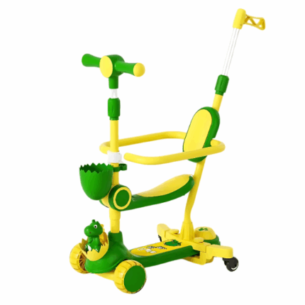Trotinetă pentru copii cu trei roți, lumini LED, jucărie detașabilă și coșuleț Trotinetă pentru copii 3-în-1 cu scaun și mâner parental. 	Iluminare 	Muzică 	Roți cu lumină 	Rulare silențioasă 	Carcasă întărită 	Panouri antiderapante 	Reglare pe mai multe niveluri 	Greutate maximă admisă: 50 kg