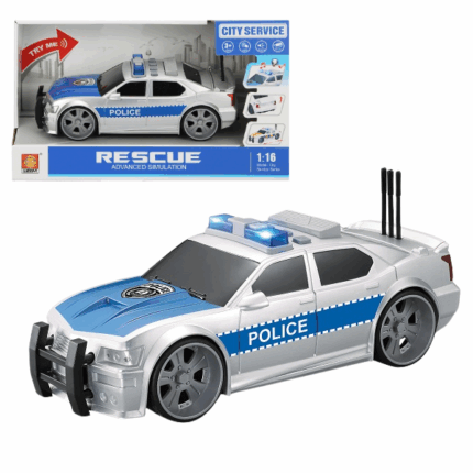 1:16 Инерционная Машина «Police Car» (свет / звук) Машина WY620B - это современная модель полицейского автомобиля серии “Rescue” в масштабе 1:16!Модель служебных машин выполнены из пластика, а для более увлекательной игры задние колеса оборудованы инерционным механизмом.На крыше автомобиля расположено четыре функциональные кнопки, которые активируют световые и звуковые эффекты:- подсветка мигалки синим и красным цветом;- первая кнопка - зажигание и мигалка;- вторая кнопка - спец сигнал и гудок;- третья кнопка - сирена и фразы на английском языке;- четвертая кнопка - проигрывает все звуки.Также на крыше расположена большая прямоугольная кнопка - при нажатии открывается багажник предоставляя доступ к инструментам (вся панель с инструментами из вылитого пластика)Эффекты работают от 3-х батареек AG-13 - входят в комплект.