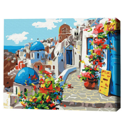 Pictură pe numere 30*40 сm (fără cutie) – Vara în Santorini Setul include: 	pânză de bumbac cu o diagramă numerotată a imaginii, pe o ramă de lemn 	 3 perii de diferite grosimi 	 vopsele acrilice numerotate 	 monturi pentru fixare pe perete