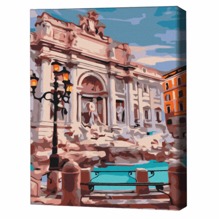 Pictură pe numere 30*40 сm (fără cutie) – Havuzul Trevi din Roma Setul include: 	pânză de bumbac cu o diagramă numerotată a imaginii, pe o ramă de lemn 	 3 perii de diferite grosimi 	 vopsele acrilice numerotate 	 monturi pentru fixare pe perete