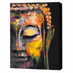 Pictură pe numere 30*40 сm (fără cutie) – Buddha multicolor Setul include: 	pânză de bumbac cu o diagramă numerotată a imaginii, pe o ramă de lemn 	 3 perii de diferite grosimi 	 vopsele acrilice numerotate 	 monturi pentru fixare pe perete