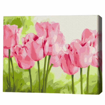 Pictură pe numere 30*40 сm (fără cutie) –  Lalele delicate Setul include: 	pânză de bumbac cu o diagramă numerotată a imaginii, pe o ramă de lemn 	 3 perii de diferite grosimi 	 vopsele acrilice numerotate 	 monturi pentru fixare pe perete