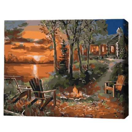 Pictură pe numere 30*40 сm (fără cutie) – Casa de lângă lac Setul include: 	pânză de bumbac cu o diagramă numerotată a imaginii, pe o ramă de lemn 	 3 perii de diferite grosimi 	 vopsele acrilice numerotate 	 monturi pentru fixare pe perete