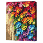 Pictură pe numere 30*40 сm (fără cutie) – Frunze colorate Setul include: 	pânză de bumbac cu o diagramă numerotată a imaginii, pe o ramă de lemn 	 3 perii de diferite grosimi 	 vopsele acrilice numerotate 	 monturi pentru fixare pe perete
