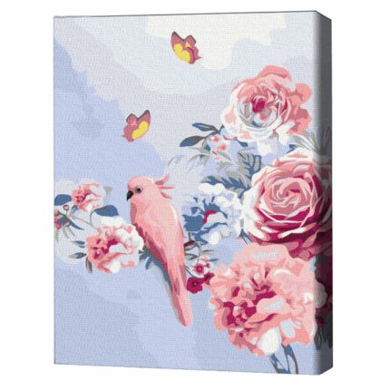 Pictură pe numere 30*40 сm (fără cutie) – Papagal în flori Setul include: 	pânză de bumbac cu o diagramă numerotată a imaginii, pe o ramă de lemn 	 3 perii de diferite grosimi 	 vopsele acrilice numerotate 	 monturi pentru fixare pe perete