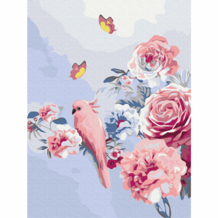 Pictură pe numere 30*40 сm (fără cutie) – Papagal în flori Setul include: 	pânză de bumbac cu o diagramă numerotată a imaginii, pe o ramă de lemn 	 3 perii de diferite grosimi 	 vopsele acrilice numerotate 	 monturi pentru fixare pe perete