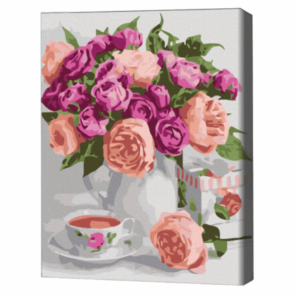 Pictură pe numere 30*40 сm (fără cutie) – Natură statică purpurie Setul include: 	pânză de bumbac cu o diagramă numerotată a imaginii, pe o ramă de lemn 	 3 perii de diferite grosimi 	 vopsele acrilice numerotate 	 monturi pentru fixare pe perete